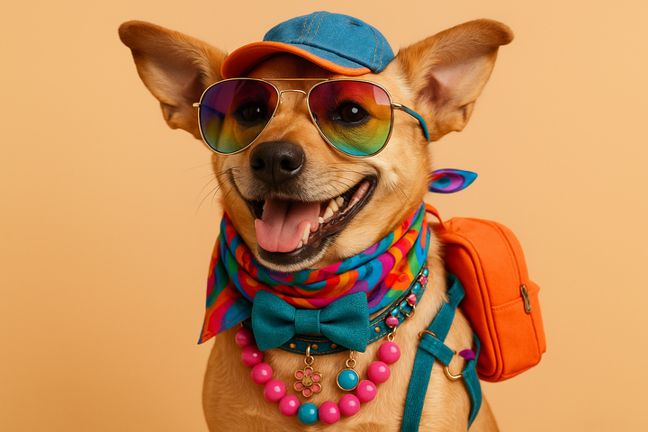 een hond met allemaal verschillende accessoires 