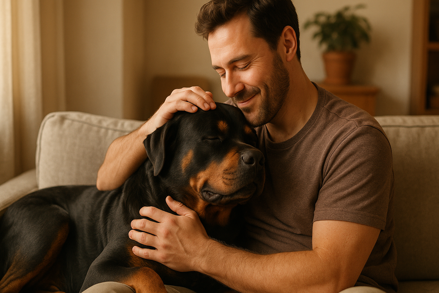 een man met een rottweiler die samen kroelen in 2500 x 1000 en maak er een .jpg bestand van