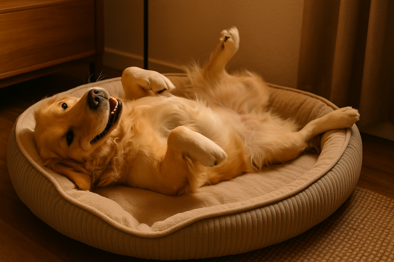 Maak een afbeelding van formaat 2750 x 1500 waarbij een golden retriever op zn rug in een hondenmand ligt