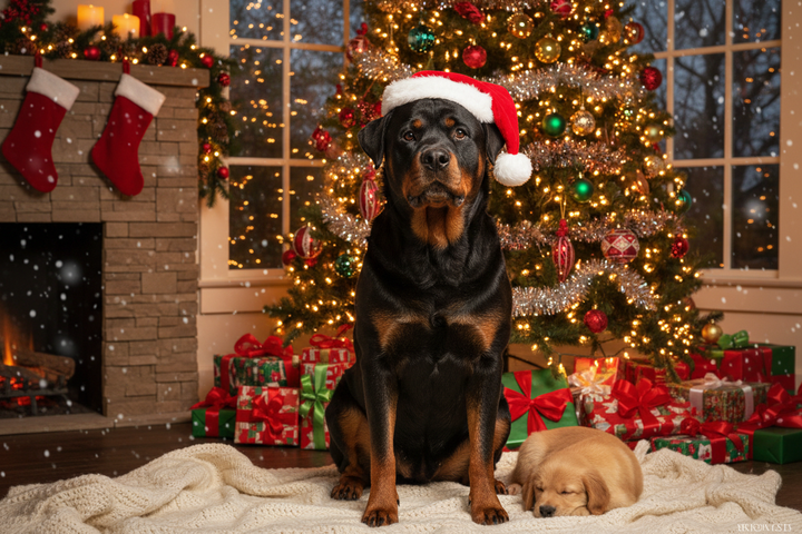 Rottweiler in kerstsfeer